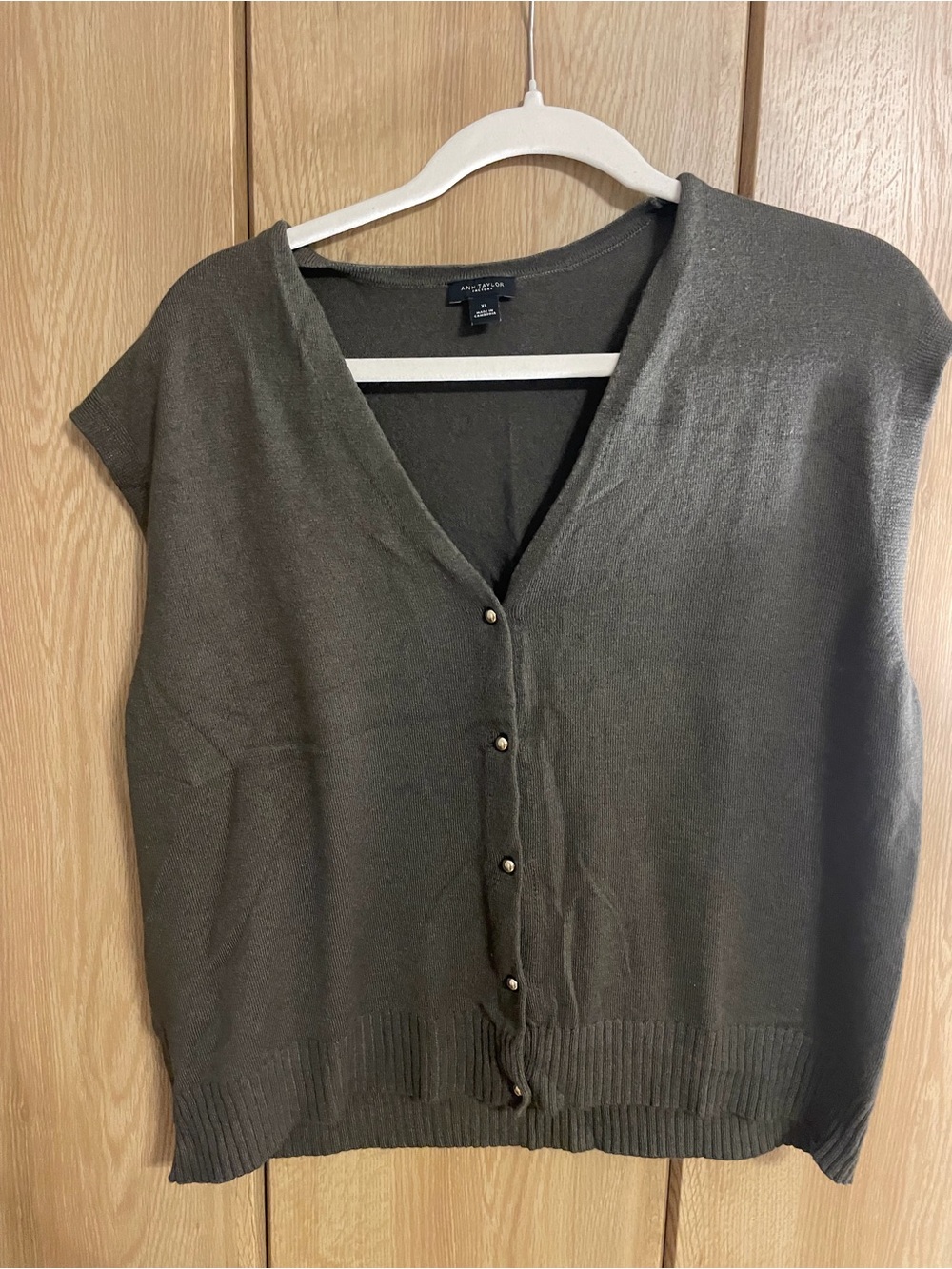Ann Taylor Factory Olive Green V-Neck Button-Front Sweater Vest